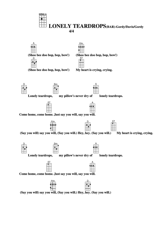 Chord Chart - Gordy/davis/gordy - Lonely Teardrops (Bar) Printable pdf
