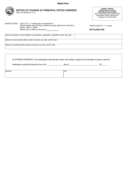 Fillable State Form 50656 - Notice Of Change Of Principal Office Address Printable pdf
