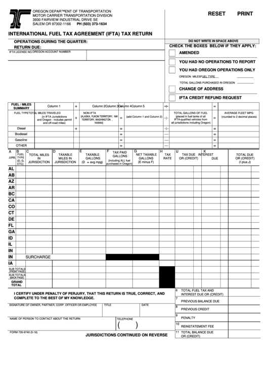 Fillable Form 735-9740c - International Fuel Tax Agreement (Ifta) Tax Return Printable pdf