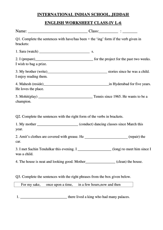English Worksheet Class-Iv L-6 Printable pdf