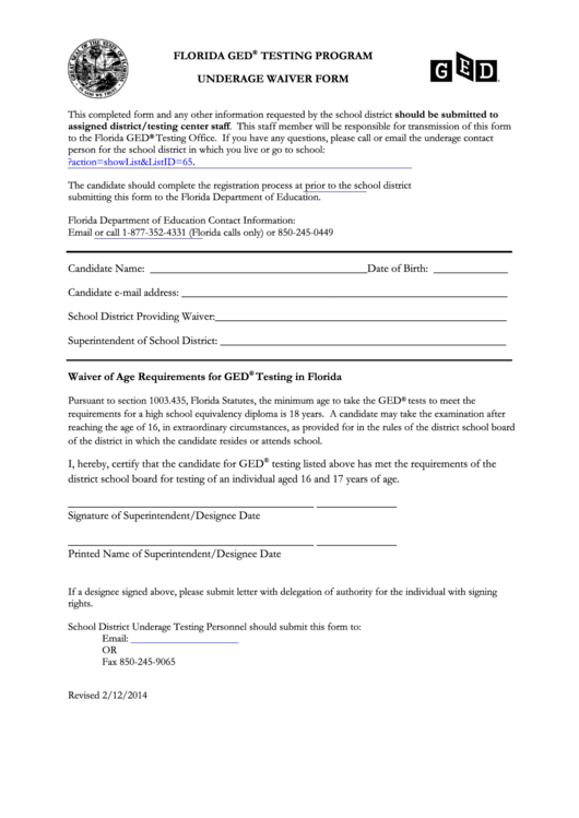 Fillable Underage Waiver Form 2014 Printable pdf