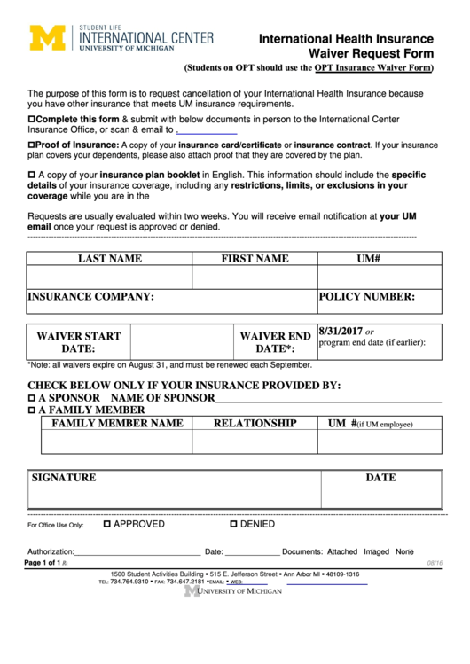 Fillable International Health Insurance Waiver Request Form Printable pdf