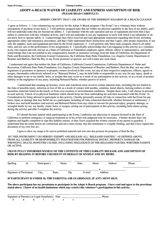 Safety Waiver Form - Heal The Bay Printable pdf