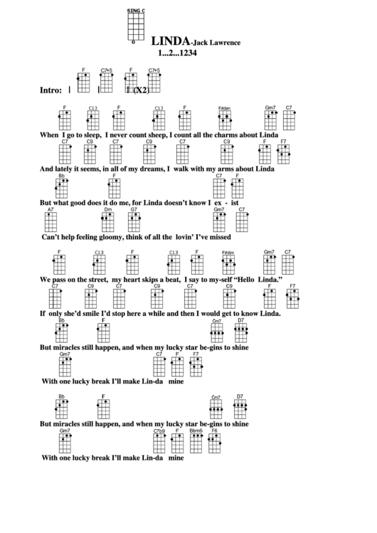Linda - Jack Lawrence (Ukulele Chord Chart) Printable pdf