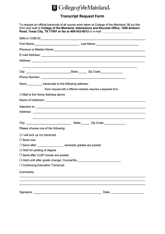 Fillable Transcript Request Form - College Of The Mainland Printable pdf