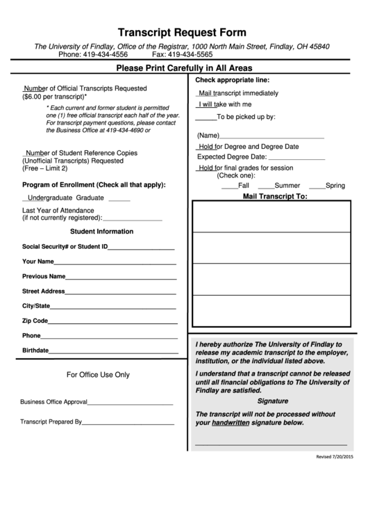 Transcript Request Form - The University Of Findlay Printable pdf