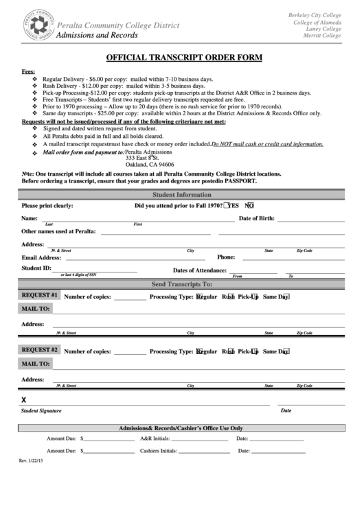 Fillable Peralta Community College District Official Transcript Order Form Printable pdf