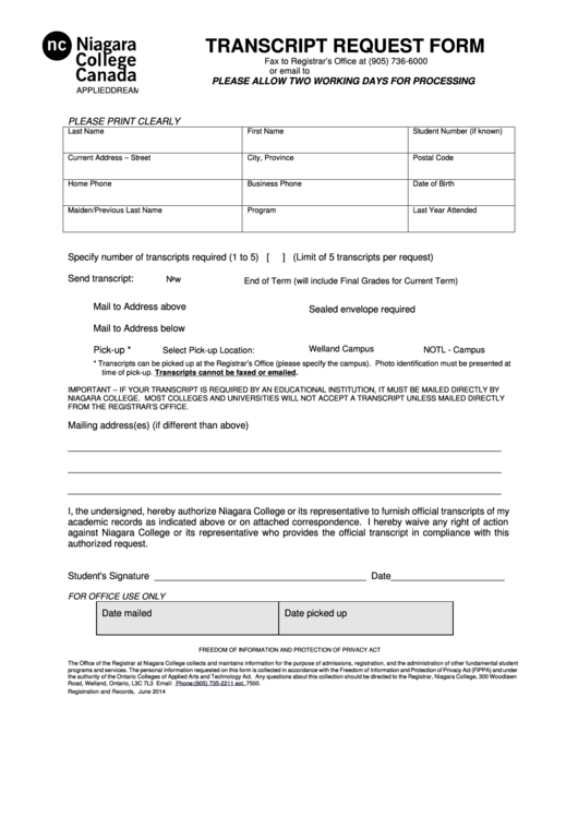 Fillable Transcript Request Form - Niagara College Printable pdf