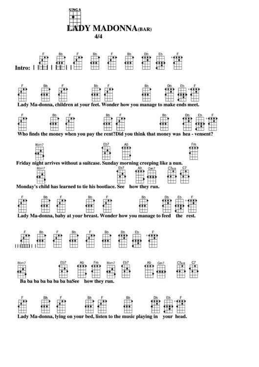 Chord Chart - Lady Madonna(Bar) Printable pdf