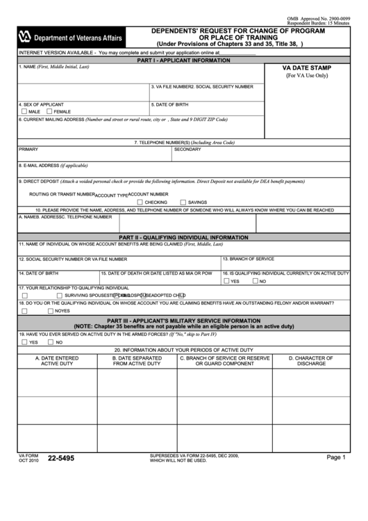 Va Form 22-5495 - 2010 Dependents' Request For Change Of Program Or Place Of Training