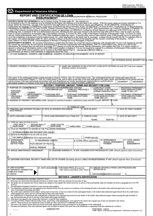Fillable Va Form 26-1820 - Report And Certification Of Loan Disbursement Printable pdf