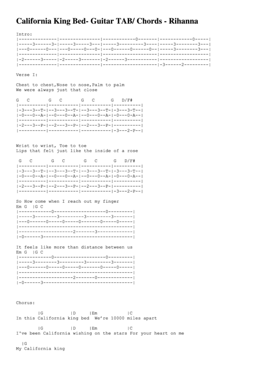 California King Bed - Guitar Tab Chords (Rihanna) Printable pdf