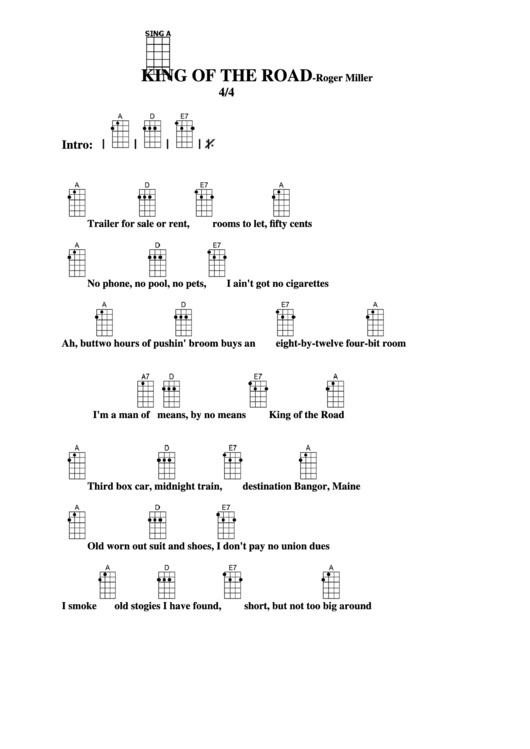 Chord Chart - Roger Miller - King Of The Road Printable pdf