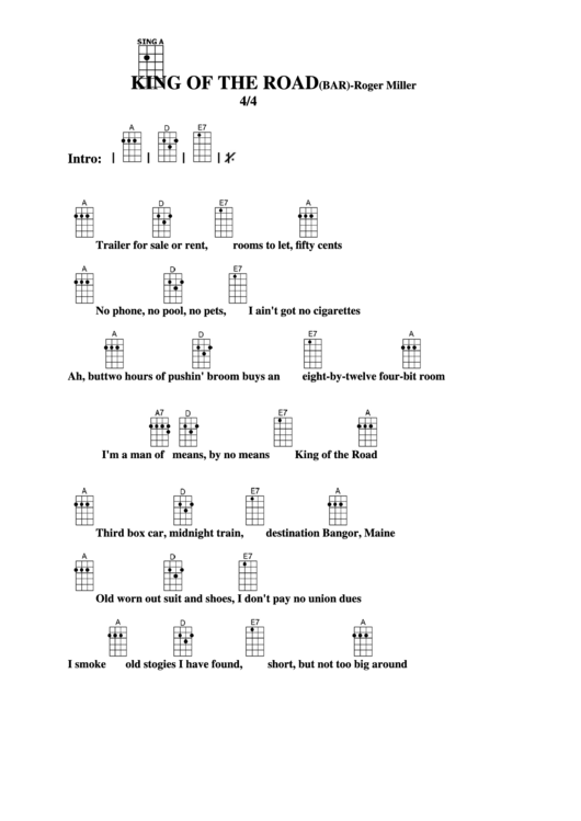 Chord Chart - Roger Miller - King Of The Road (Bar) Printable pdf