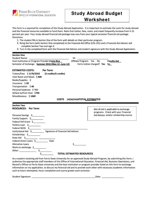 Study Abroad Budget Worksheet Template