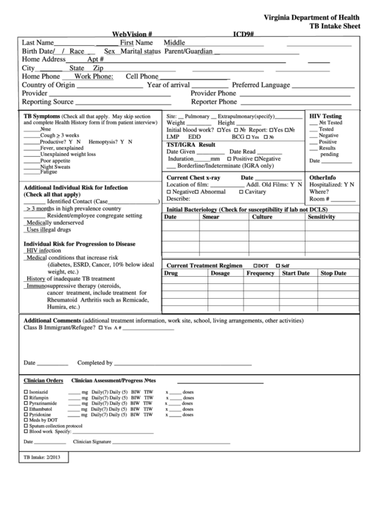 Virginia Department Of Health Tb Intake Sheet Printable pdf