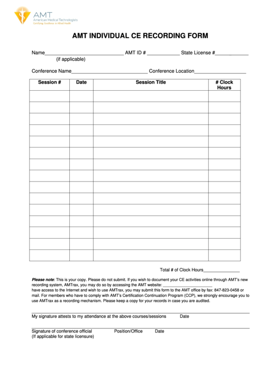 Amt Individual Ce Recording Form Printable pdf