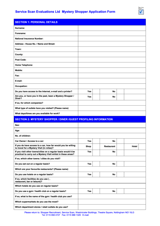 Mystery Shopper Application Form Printable pdf