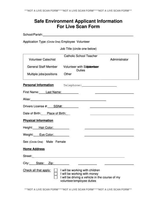 Safe Environment Applicant Information For Live Scan Form Printable pdf