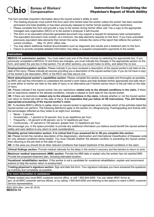 Form Medco-14 - July 2015 Physicians Report Of Work Ability Printable pdf