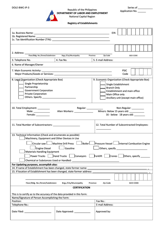 Registry Of Establishments - Republic Of The Philippines Printable pdf