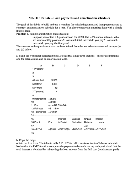 Loan Payments And Amortization Schedule Worksheet Printable pdf