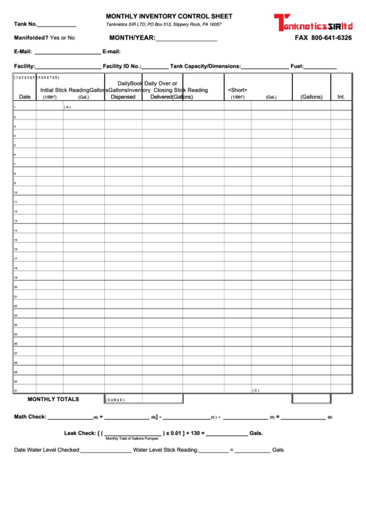 Monthly Inventory Control Sheet Printable pdf