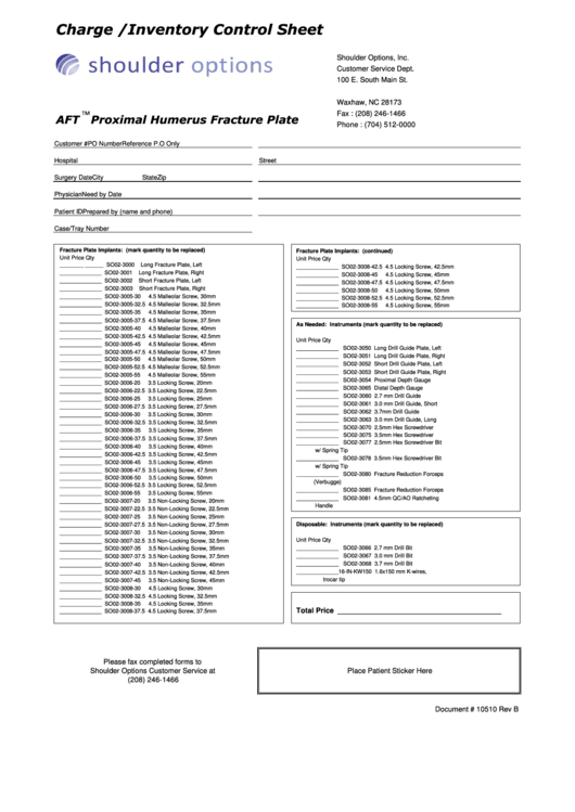 Charge /inventory Control Sheet - Shoulder Options Printable pdf