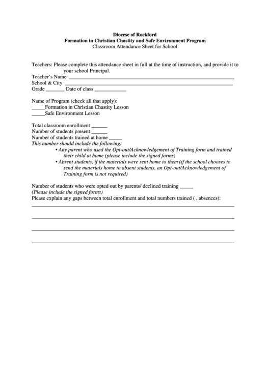 Formation In Christian Chastity And Safe Environment Program Classroom Attendance Sheet For School Printable pdf