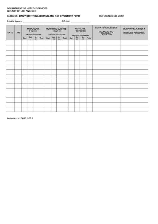 Daily Controlled Drug And Key Inventory Form