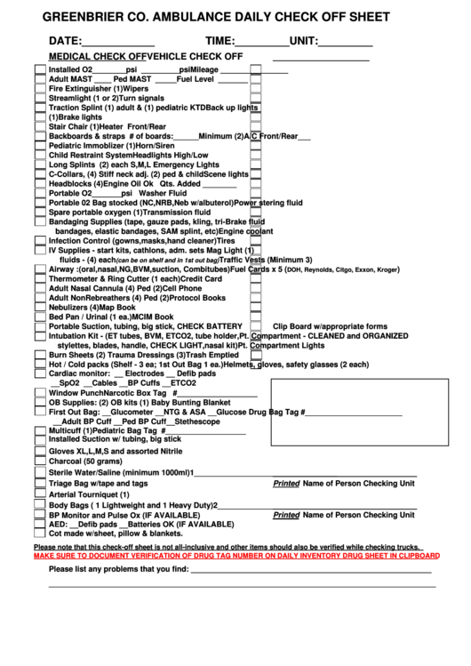 Ambulance Daily Check Off Sheet - Greenbrier Co. Printable pdf