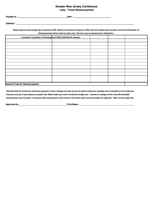 Fillable Laity Travel Reimbursement Form Printable pdf