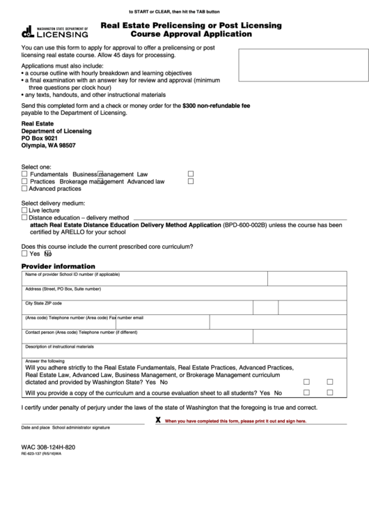 Fillable Form Wac 308-124h-820 - Real Estate Prelicensing Or Post Licensing Course Approval Application Printable pdf