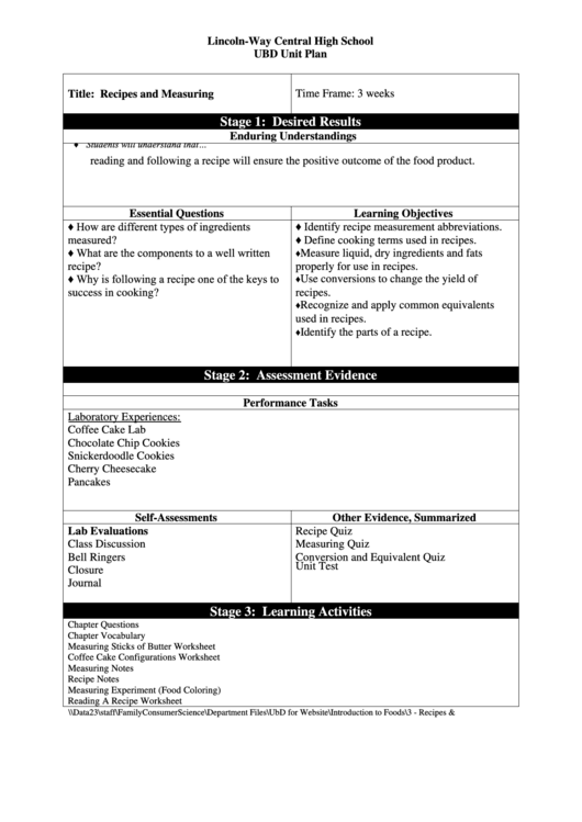 Lincoln-Way Central High School Ubd Unit Plan Printable pdf