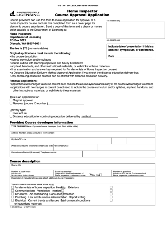 Fillable Hi-625-001 - Home Inspector Course Approval Application Printable pdf