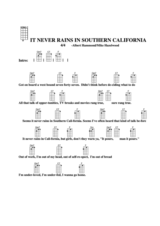 It Never Rains In Southern California - Albert Hammond/mike Hazelwood Chord Chart Printable pdf