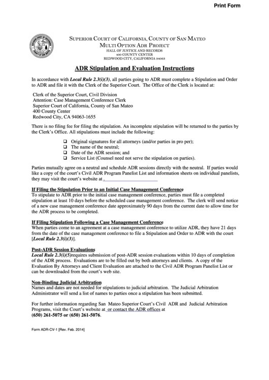 Civil Stipulation And Order To Adr Form And Instructions - San Mateo Printable pdf
