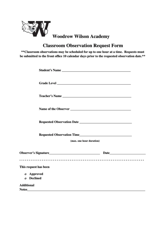 Classroom Observation Req Form - Woodrow Wilson Academy Printable pdf