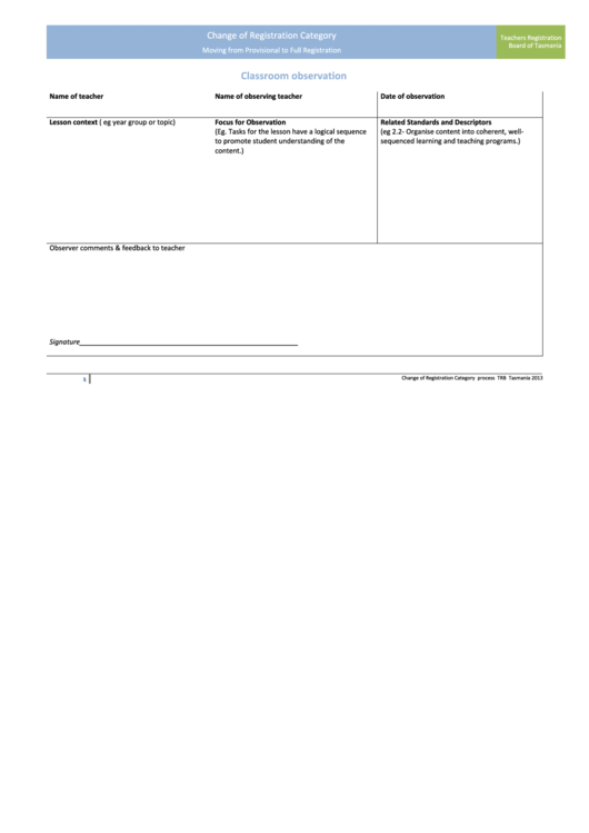 Classroom Observation Template Printable pdf