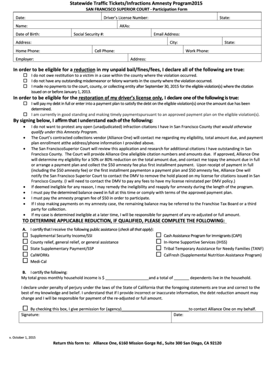 Fillable Statewide Traffic Tickets Infractions Amnesty Program 2015 Printable pdf