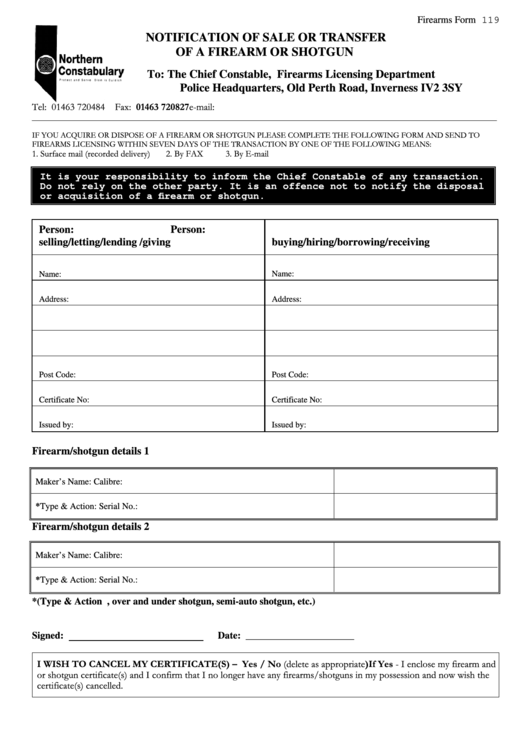 Notification Of Sale Or Transfer Of A Firearm Or Shotgun - Harris Gun Club Printable pdf