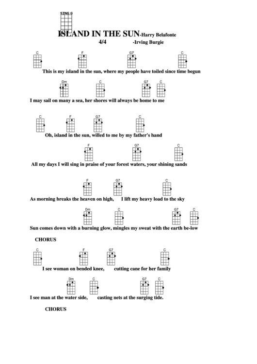 Island In The Sun-With Key Change-Harry Belafonte Chord Chart Printable pdf