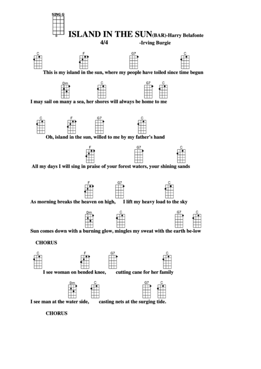 Island In The Sun(Bar)-Harry Belafonte Chord Chart Printable pdf