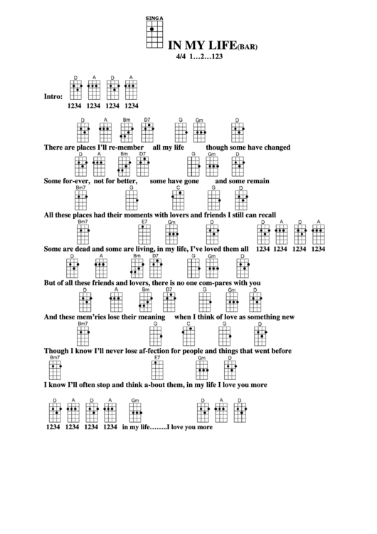 In My Life (Bar) Chord Chart Printable pdf