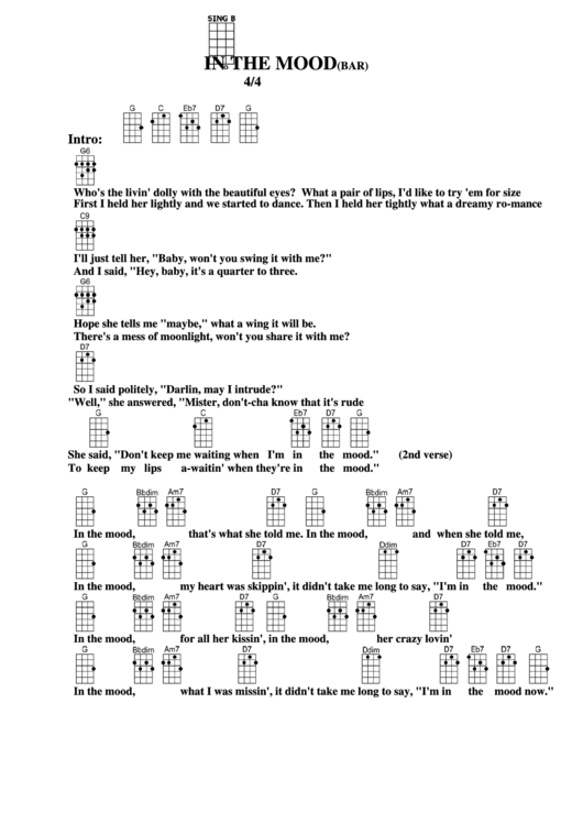 In The Mood(Bar) Chord Chart Printable pdf