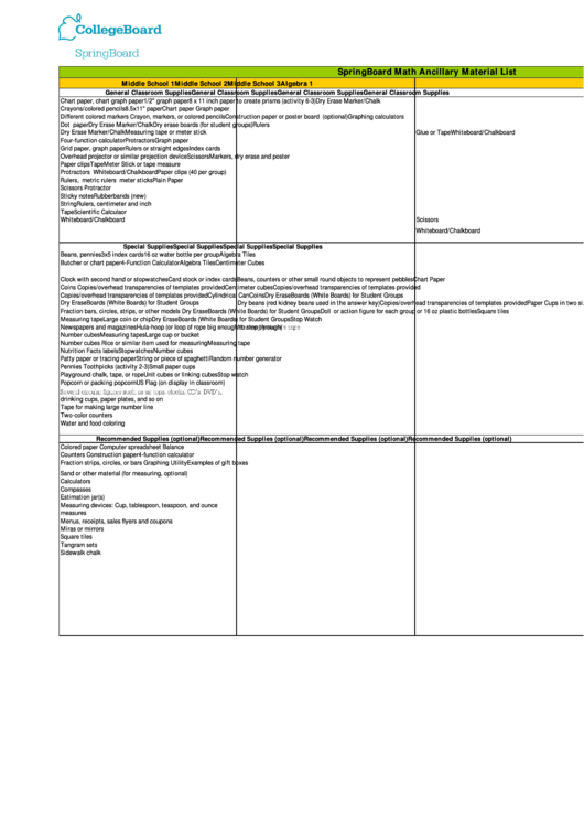 Springboard Math Ancillary Material List - The College Board Printable pdf