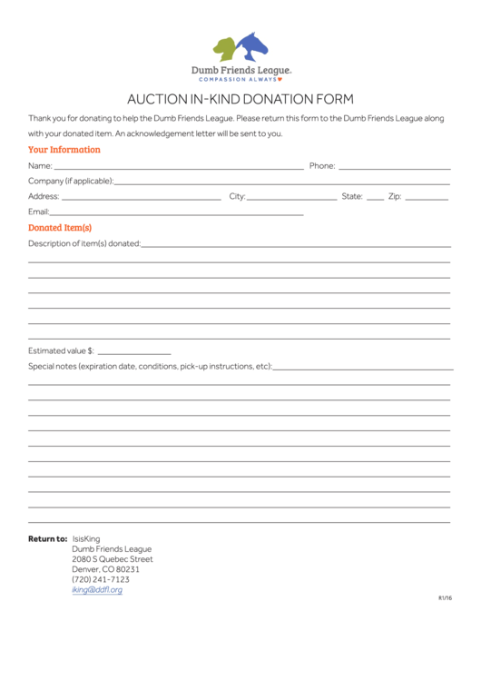 Auction In Kind Donation Form - Denver Dumb Friends League Printable pdf