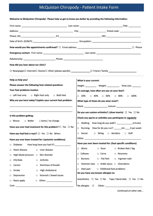 Chiropody Patient Intake Form Printable pdf