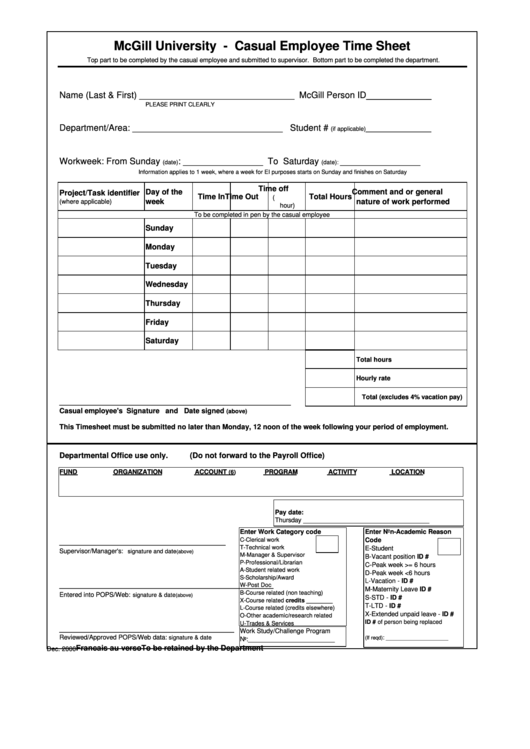 Casual Employee Time Sheet Printable pdf