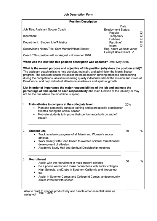 Assistant Soccer Coach Job Description Printable pdf